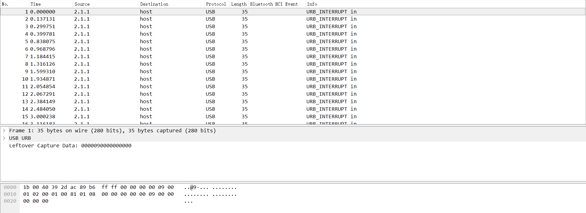 wireshark usb leftover capture data