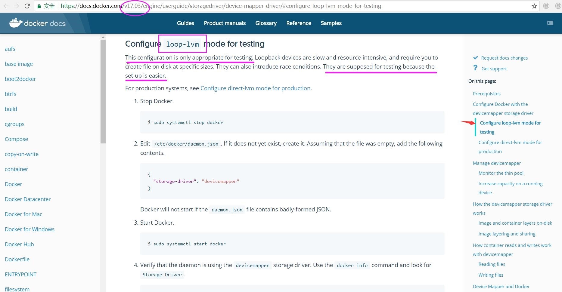 02-Docker v17.03文档中CentOS7系统下安装时，默认使用devicemapper驱动的loop-lvm模式，因为安装简单，只适用于测试环境