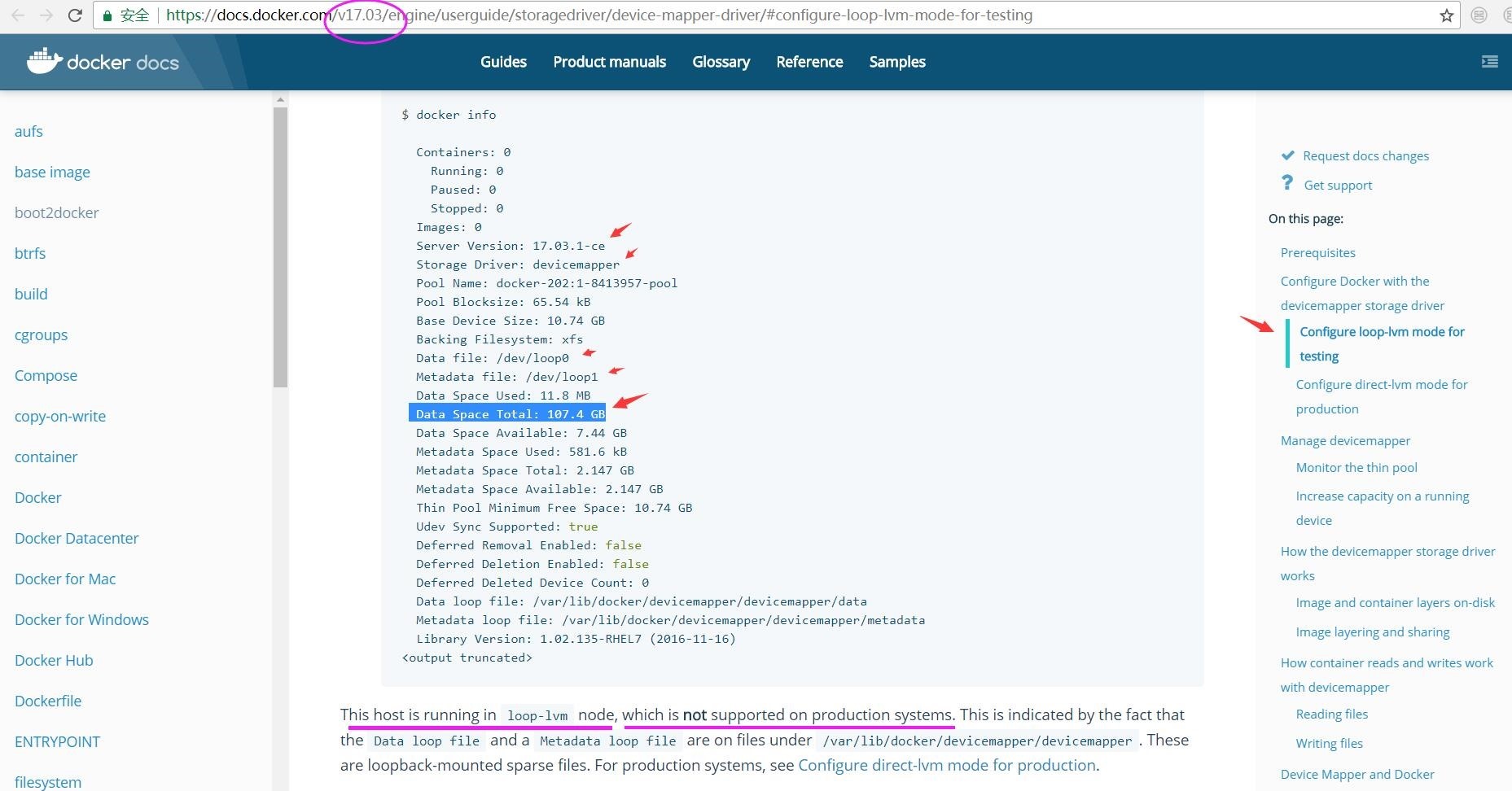 03-Docker v17.03文档中CentOS7系统下安装时，默认使用devicemapper驱动的loop-lvm模式，最大可用空间只有107GB
