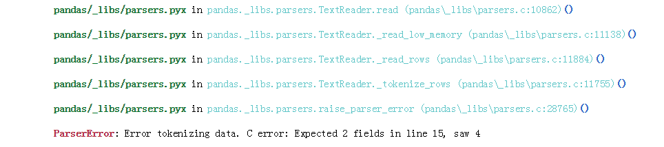 ParserError: Error tokenizing data. C error: Expected 2 fields in line 15, saw 4