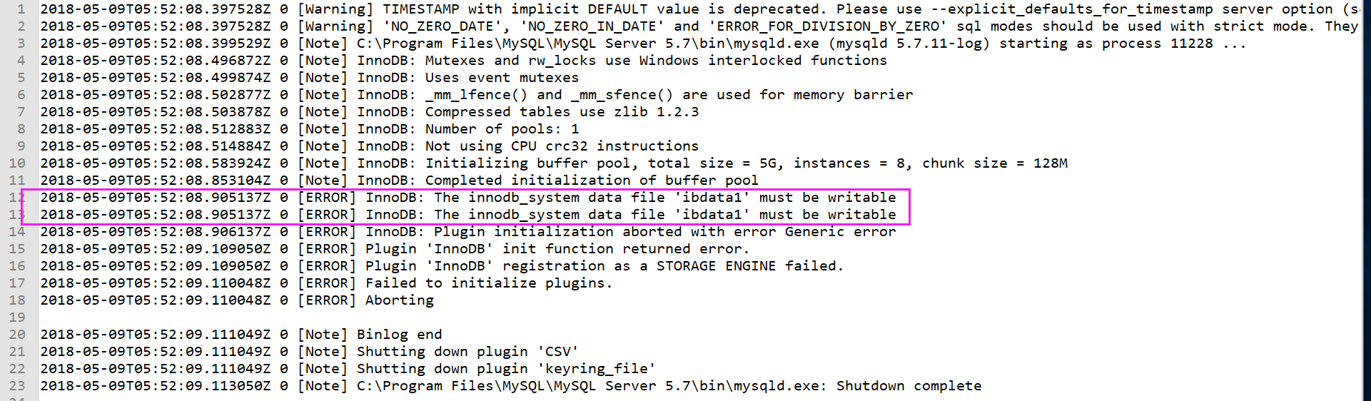 mysql5.7服务器The innodb_system data file 'ibdata1' must be writable导致无法启动服务器第1张