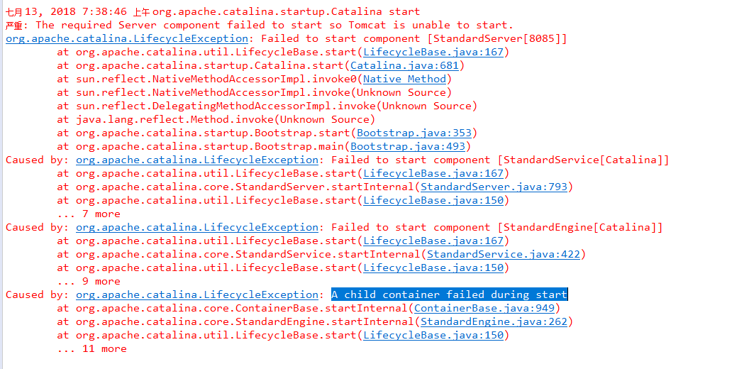 运行出现Server Tomcat v8.5 Server at localhost failed to start.和A child container failed during start...[通俗易懂]