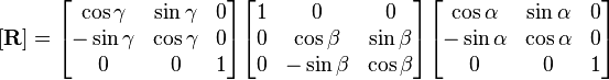 [\mathbf{R}] = \begin{bmatrix}
\cos \gamma & \sin \gamma & 0 \\
-\sin \gamma & \cos \gamma & 0 \\
0 & 0 & 1 \end{bmatrix} \begin{bmatrix}
1 & 0 & 0 \\
0 & \cos \beta & \sin \beta \\
0 & -\sin \beta & \cos \beta \end{bmatrix} \begin{bmatrix}
\cos \alpha & \sin \alpha & 0 \\
-\sin \alpha & \cos \alpha & 0 \\
0 & 0 & 1 \end{bmatrix}