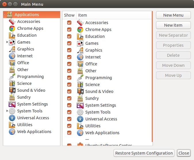 main menu in ubuntu