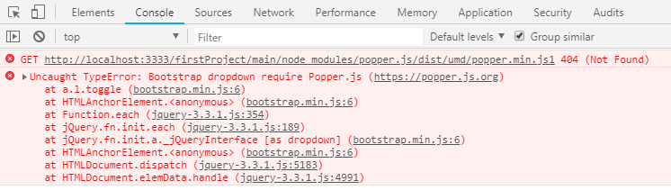 使用bootstrap的dropdown部件时报错：error：Bootstrap dropdown require Popper.js