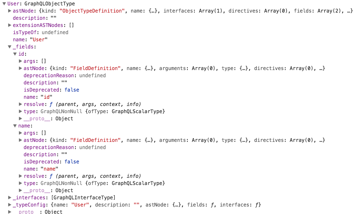 The User type has two fields: id and name (both have an attached resolver function)