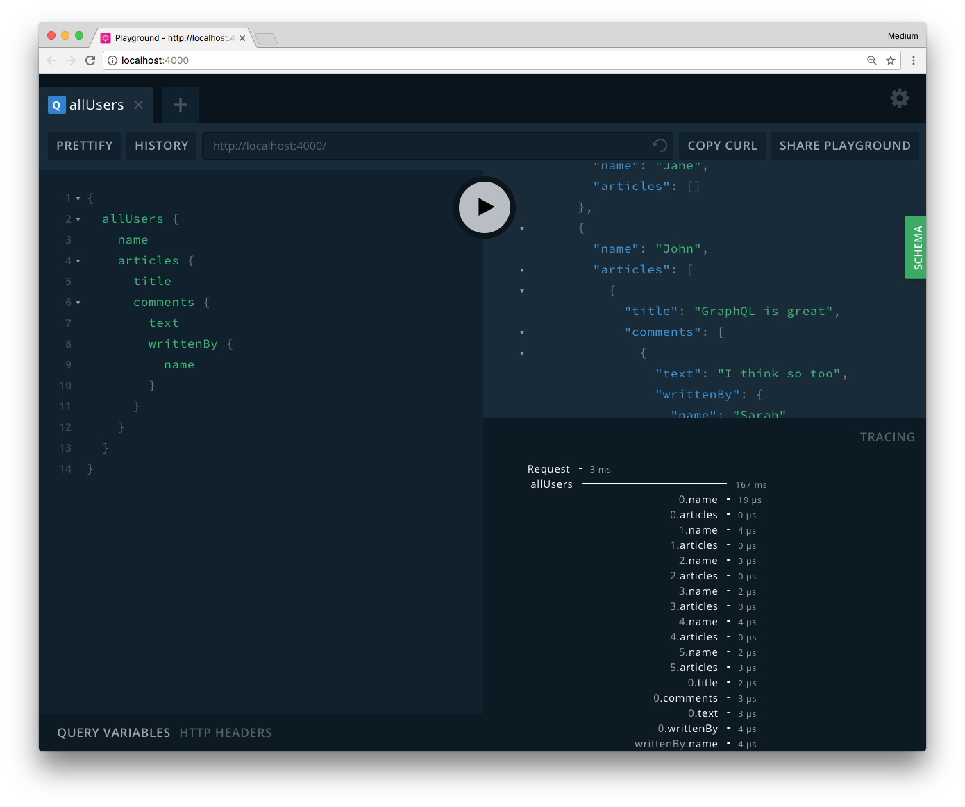 [GraphQL Playgrounds](https://github.com/prismagraphql/graphql-playground) support displaying [tracing](https://github.com/apollographql/apollo-tracing) data for resolvers out-of-the-box (bottom right)