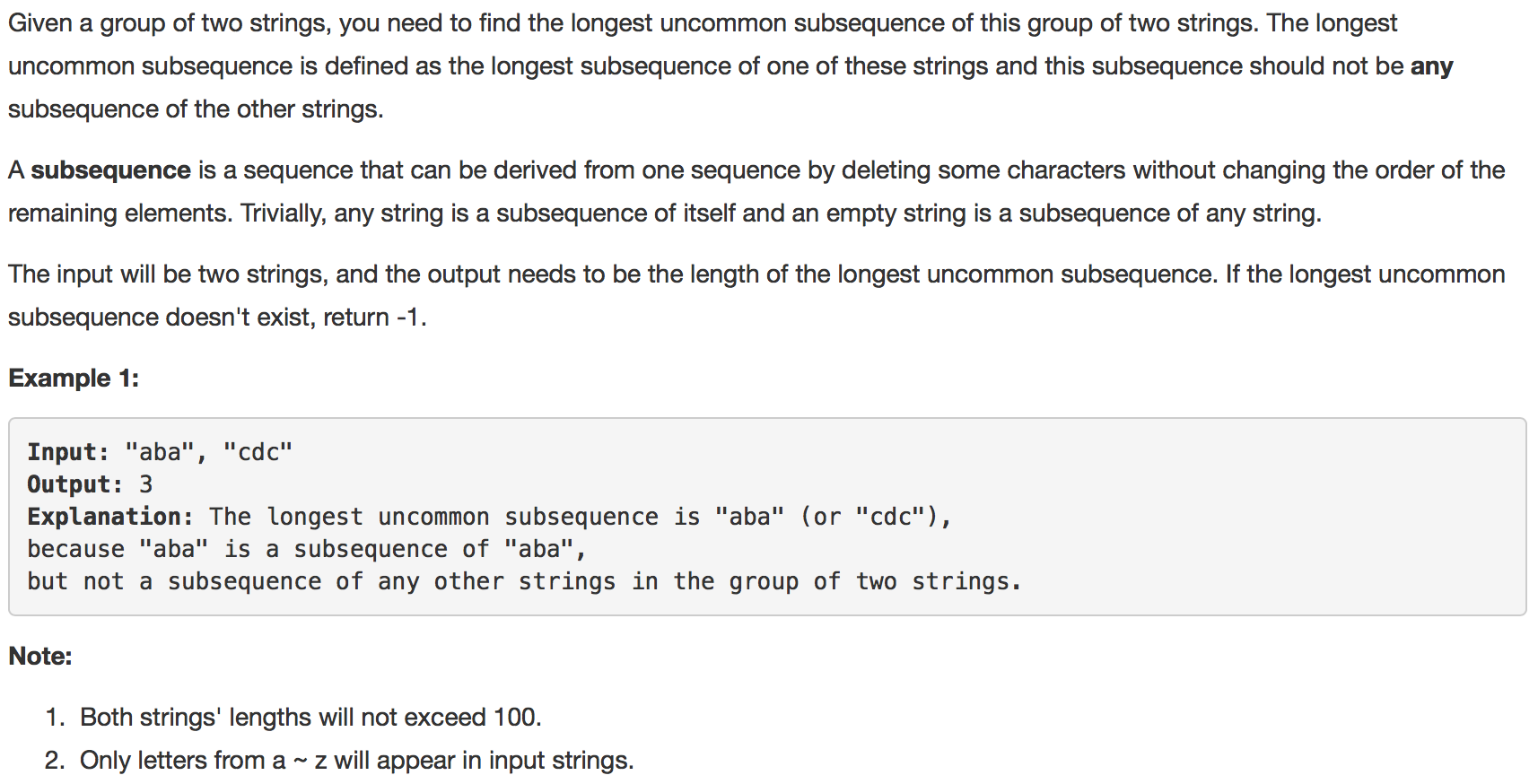 【leetcode】521. Longest Uncommon Subsequence I