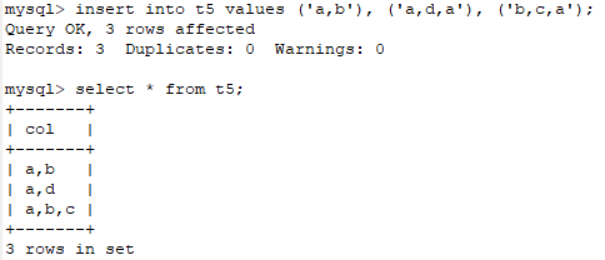 MYSQL表中向SET类型的字段插入值时值之间